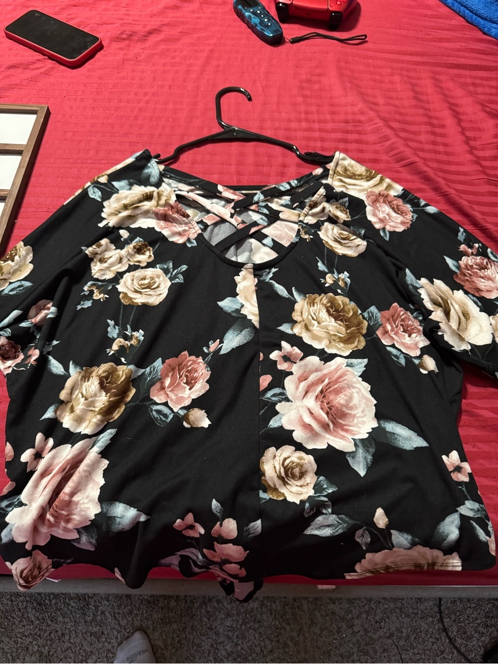 Iz Byer Black Floral Crisscross Front Tunic